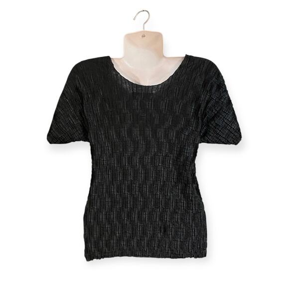 Michele Michelle Women's Black Crinkle Stretch Short Sleeve Blouse Vintage Sz M - Picture 2 of 5